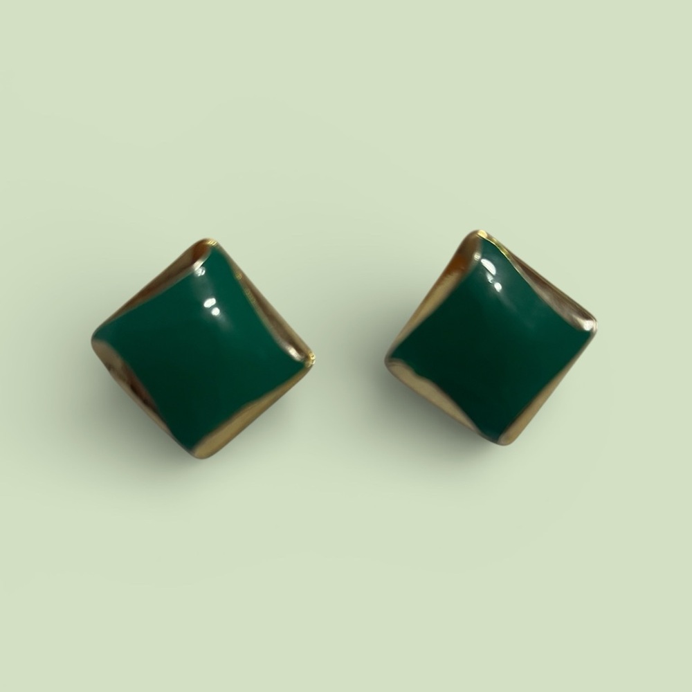 Green Gold Square Statement Earrings Modern Geometric Costume Jewelry